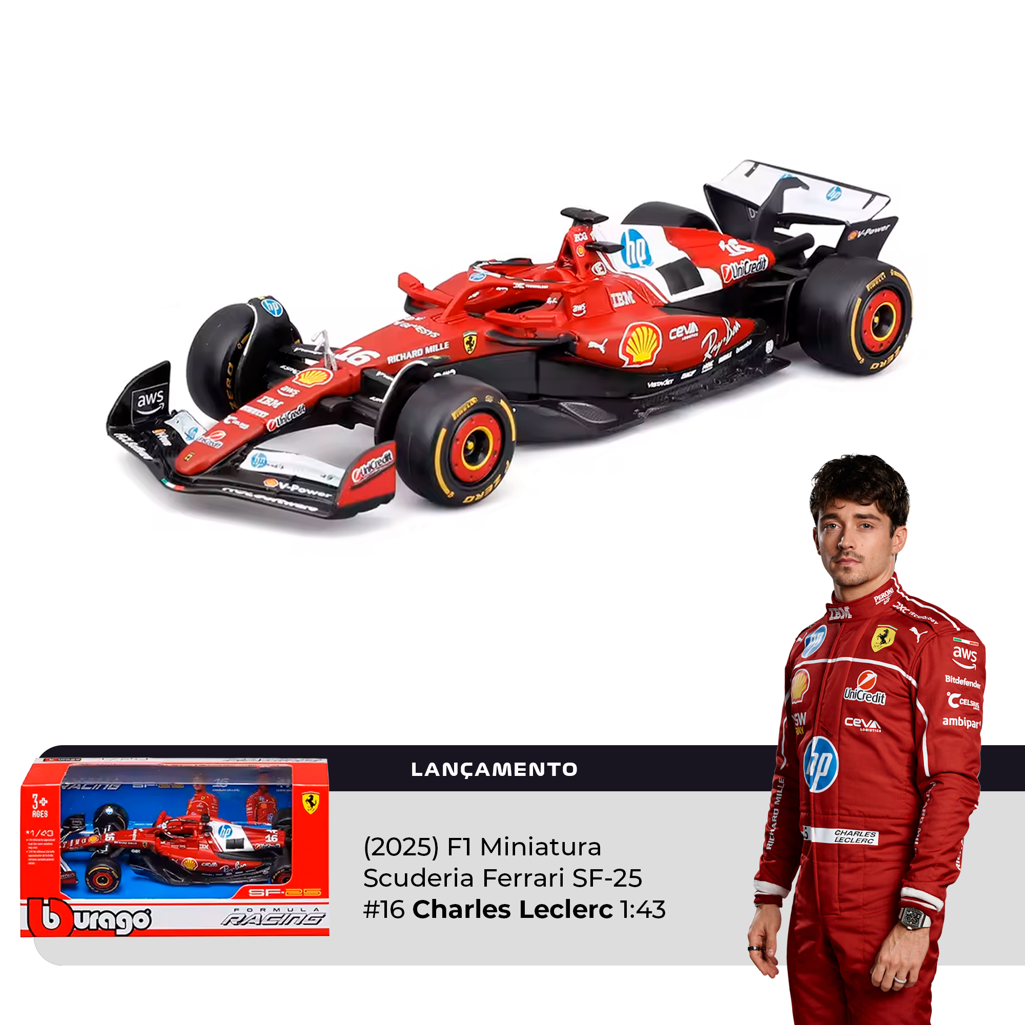 Burago 公式 2025 F1 #16 C.Leclerc Ferrari 2025) F1 Miniatura Scuderia Ferrari SF-25 #16 Charles Leclerc 1:43