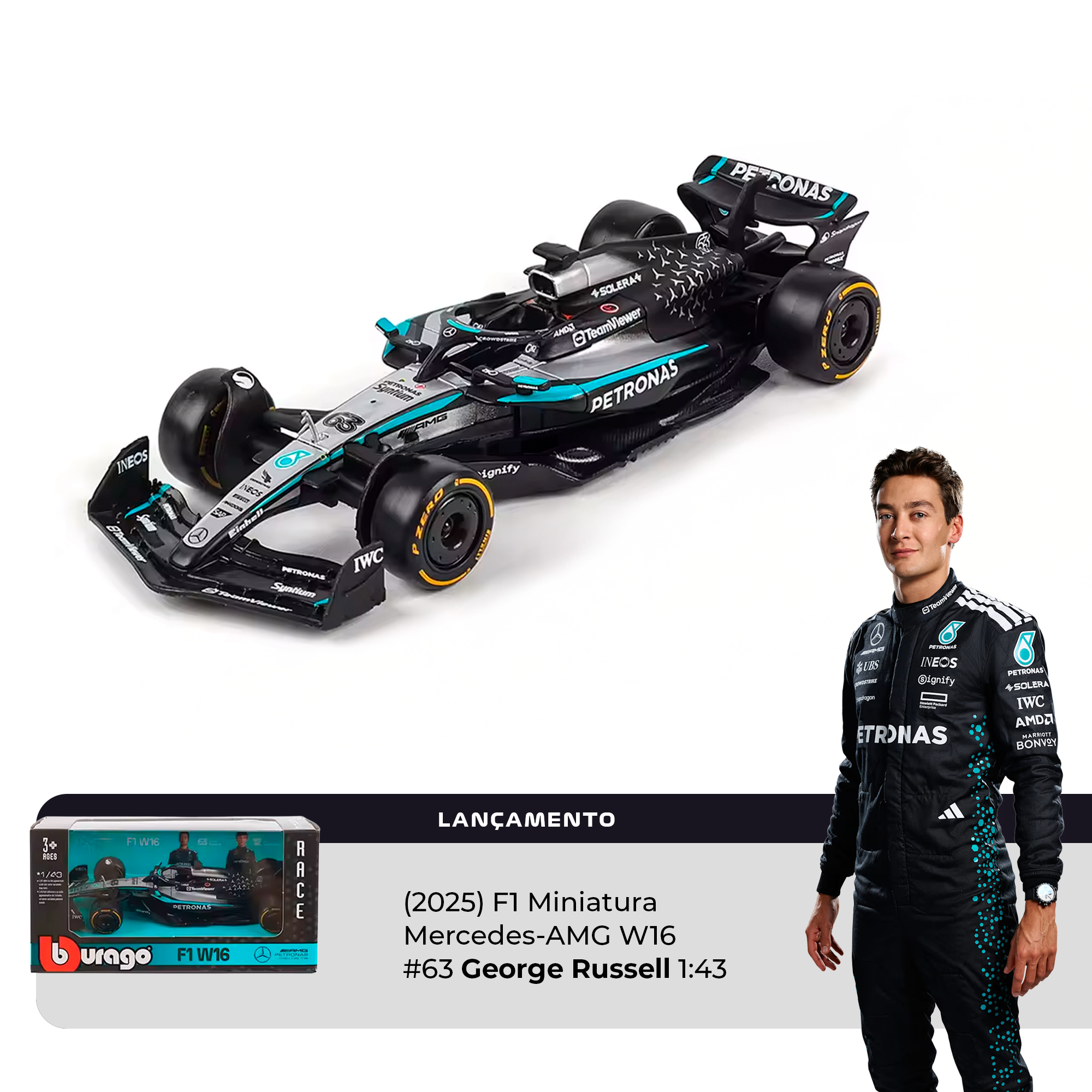 2025) F1 Miniatura Mercedes-AMG W16 #63 George Russell 1:43 – Homenge