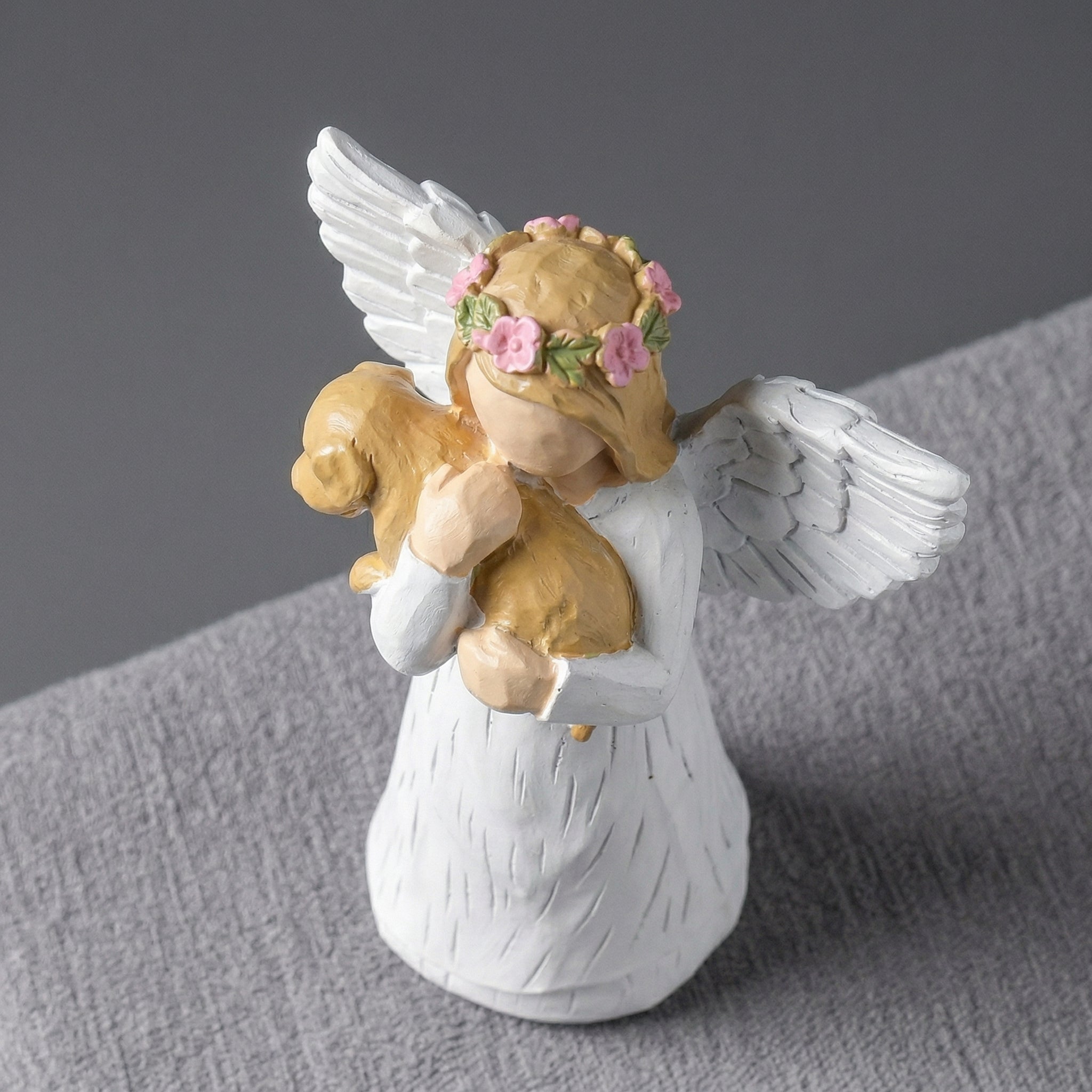 Escultura Decorativa Anjo com Cachorro em Resina Delicado