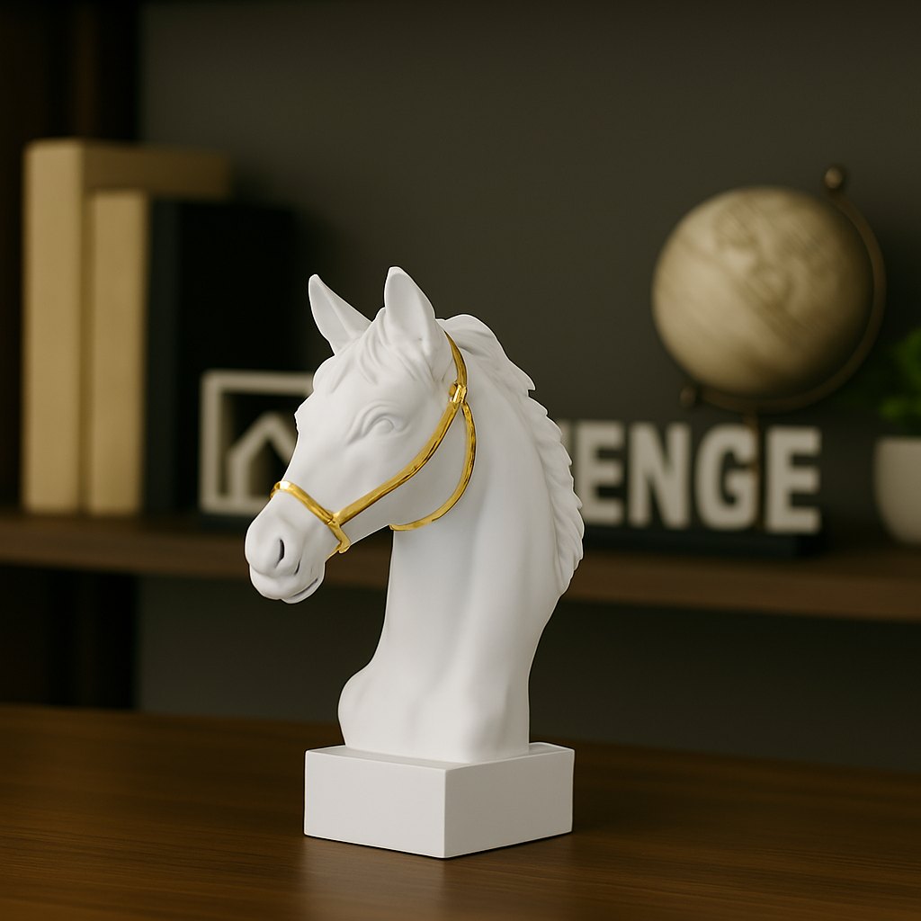 Escultura Cavalo de Guerra Resina Branco