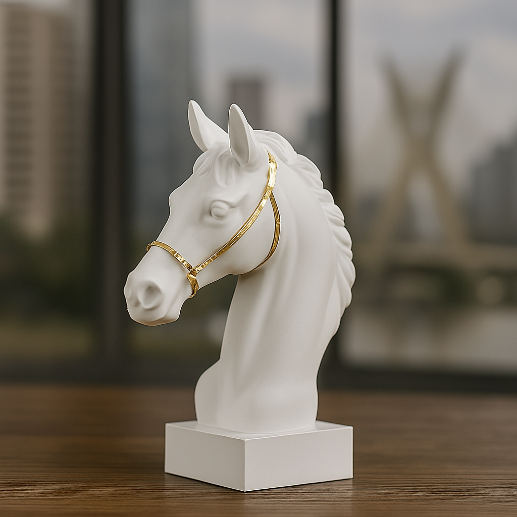 Escultura Cavalo de Guerra Resina Branco