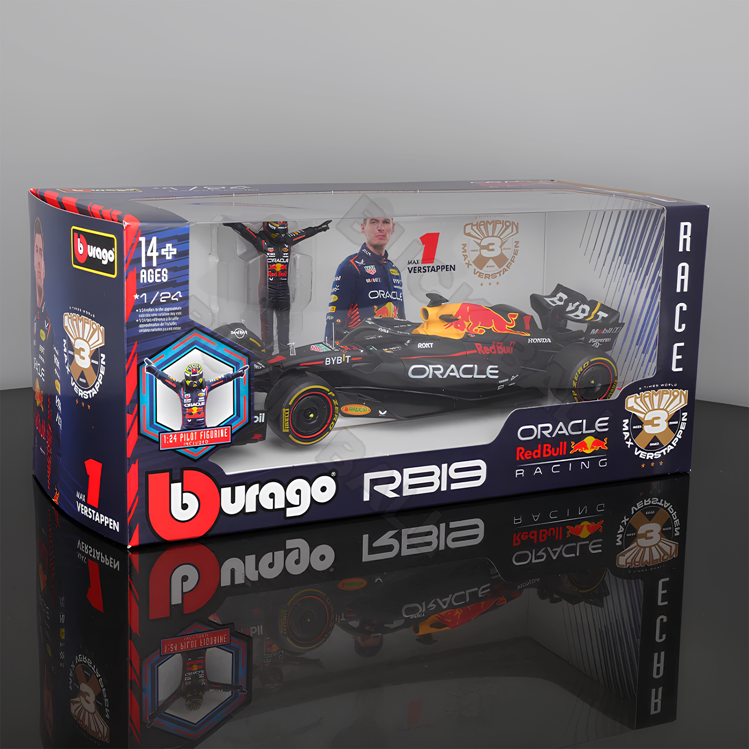 Miniatura Fórmula 1 Red Bull Racing RB19 #1 Max Verstappen 1:24 + Piloto (Edição do Campeão)