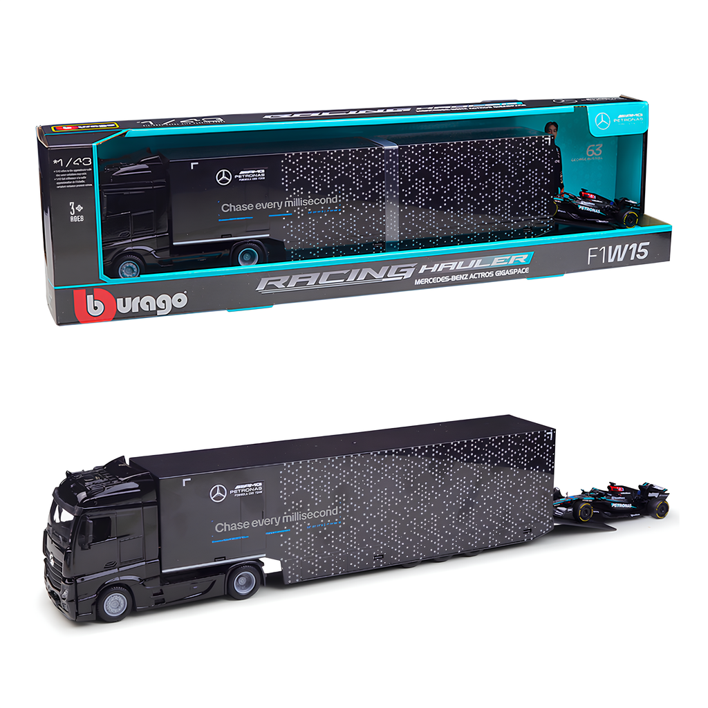 (2024) F1 Miniatura Transportador + Mercedes W15 #63 George Russel 1:43