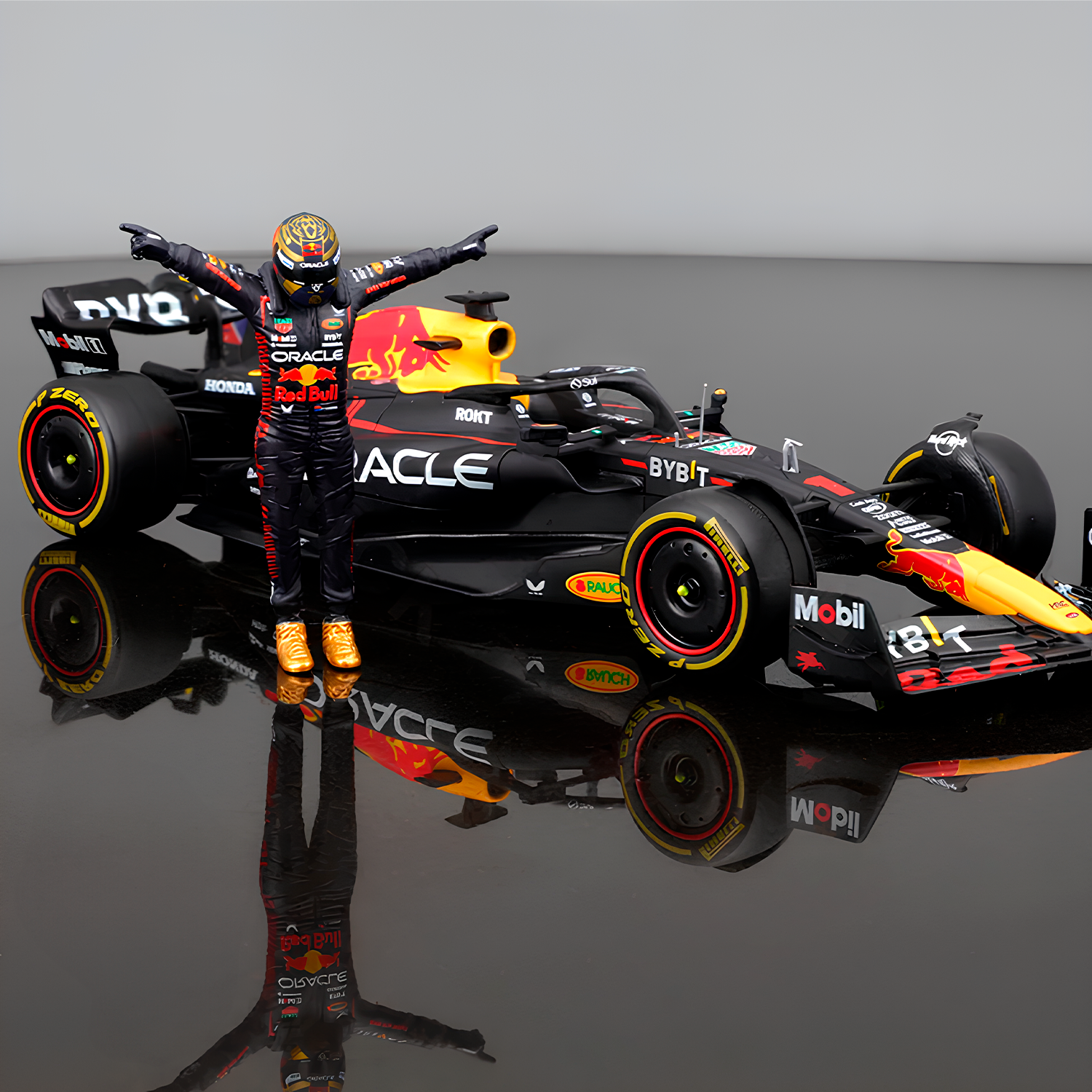 Miniatura Fórmula 1 Red Bull Racing RB19 #1 Max Verstappen 1:24 + Piloto (Edição do Campeão)