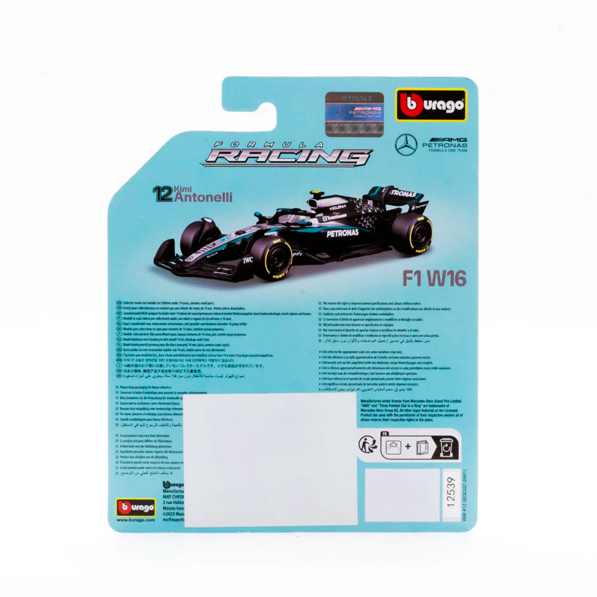 (2025) F1 Miniatura Mercedes-AMG W16 #12 Kimi Antonelli 1:64