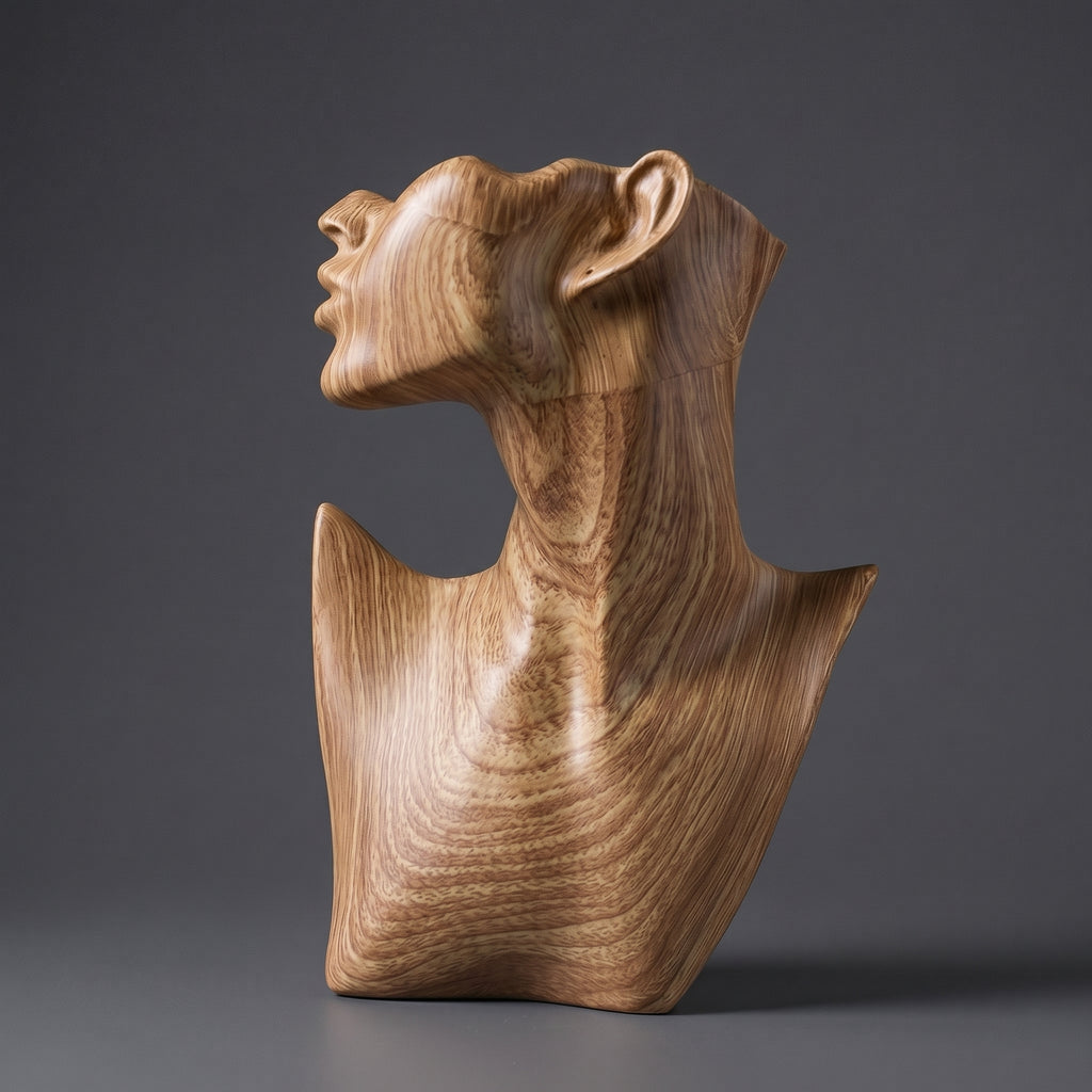 Escultura Abstrata Feminina com Acabamento Amadeirado em Resina