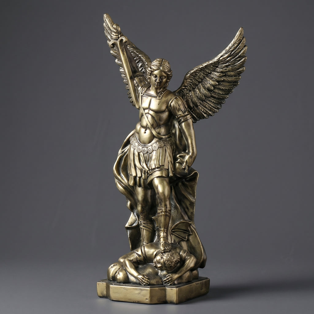 Escultura Arcanjo Miguel em Resina Dourada Estilo Clássico