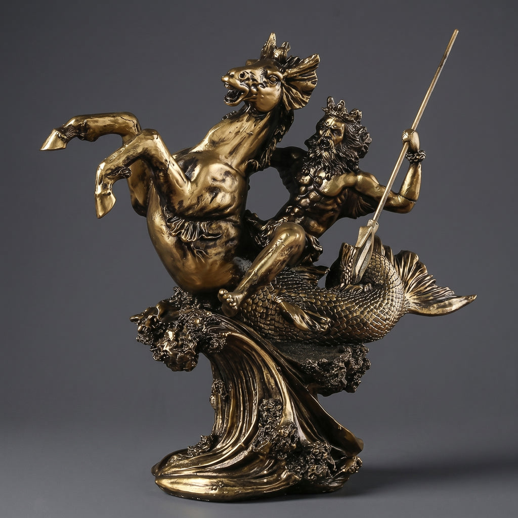 Escultura Poseidon com Cavalo Marinho em Resina Dourada Estilo Clássico Mitológico