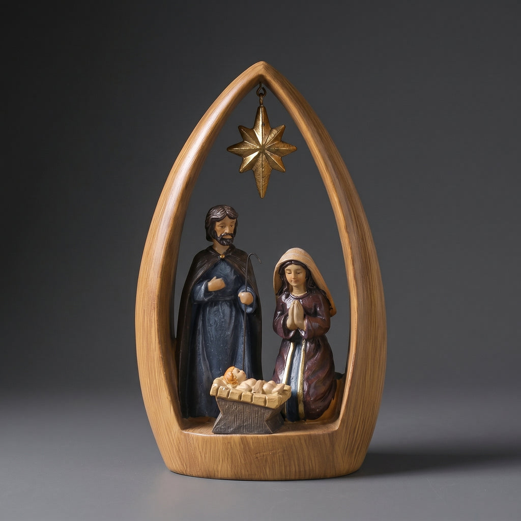 Presépio Decorativo Sagrada Família em Resina com Moldura Estilo Madeira para Mesa Sala e Decoração Religiosa