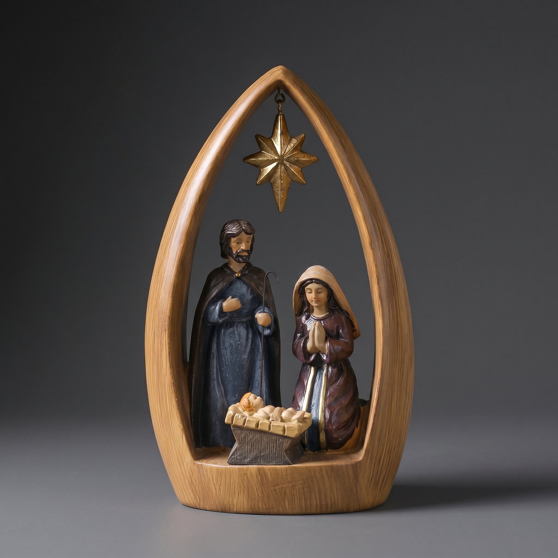 Presépio Decorativo Sagrada Família em Resina com Moldura Estilo Madeira para Mesa Sala e Decoração Religiosa