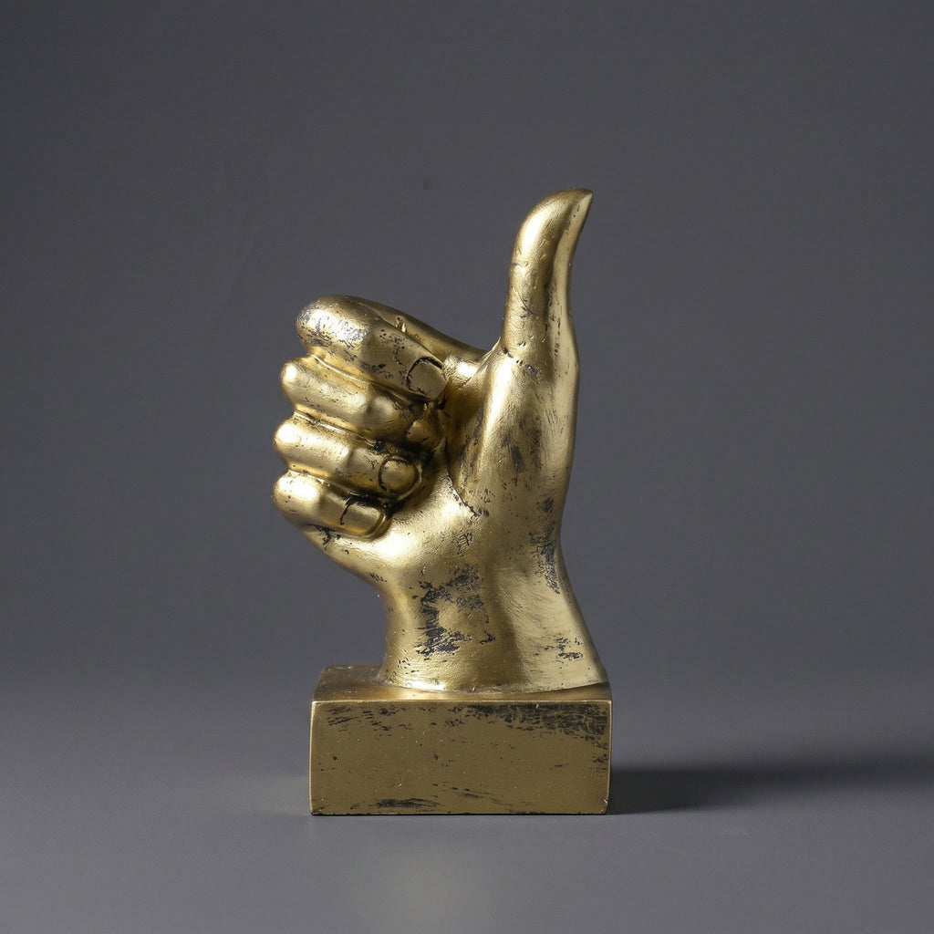 Escultura Decorativa Sinal de Aprovação Polegar Positivo Joinha em Resina Dourada para Escritório Estante Mesa e Ambientes Modernos