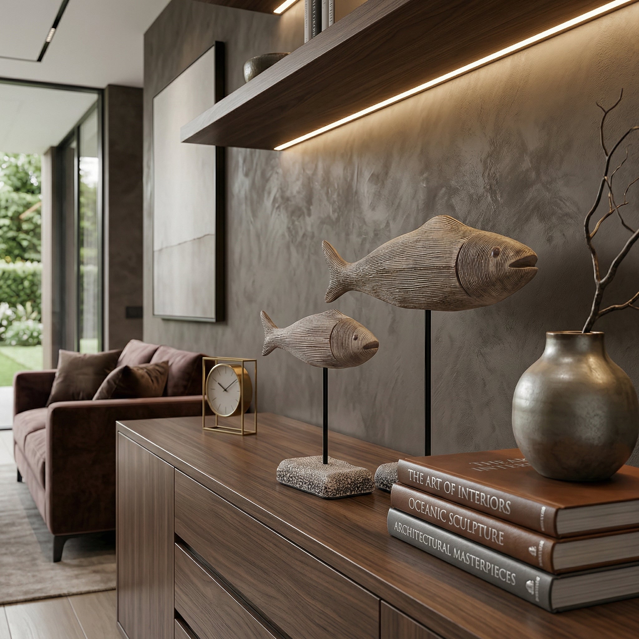 Escultura Decorativa Dupla de Peixes em Resina Estilo Nórdico Retrô