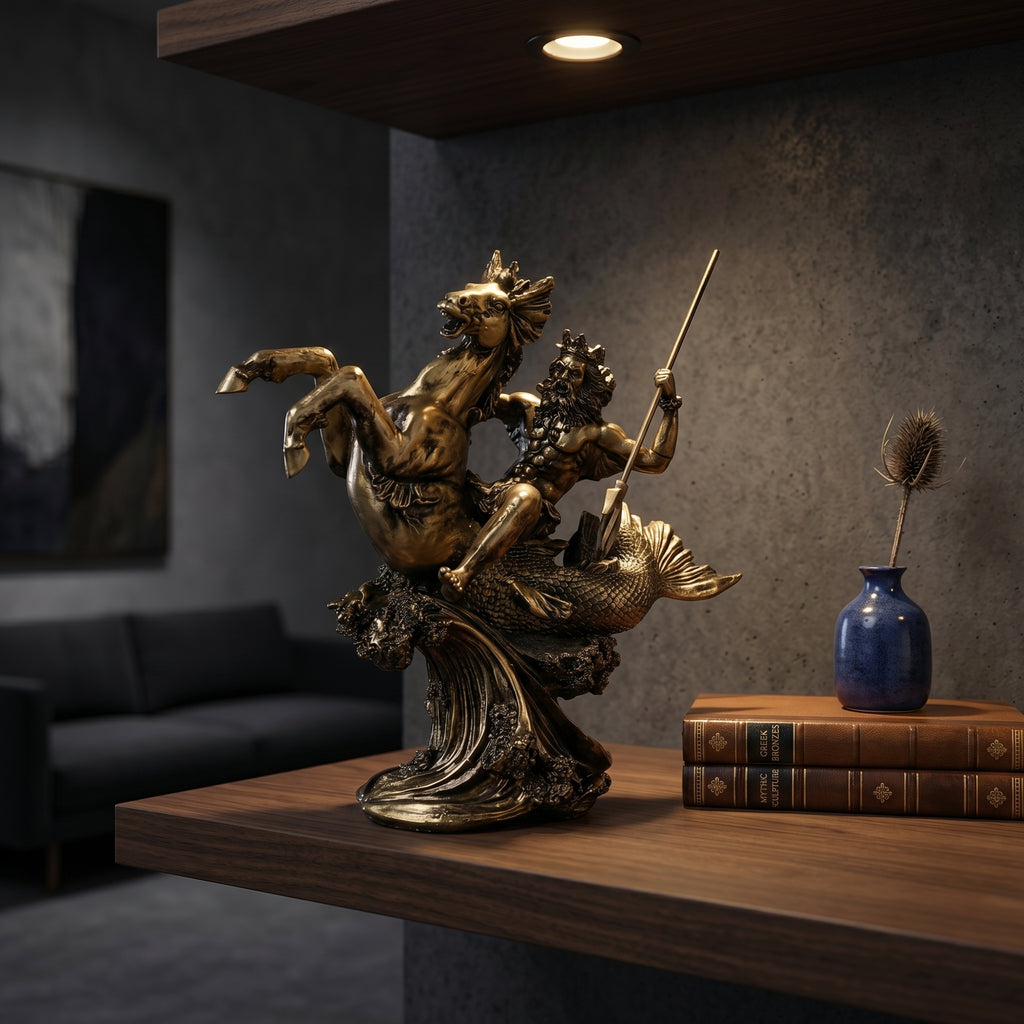 Escultura Poseidon com Cavalo Marinho em Resina Dourada Estilo Clássico Mitológico