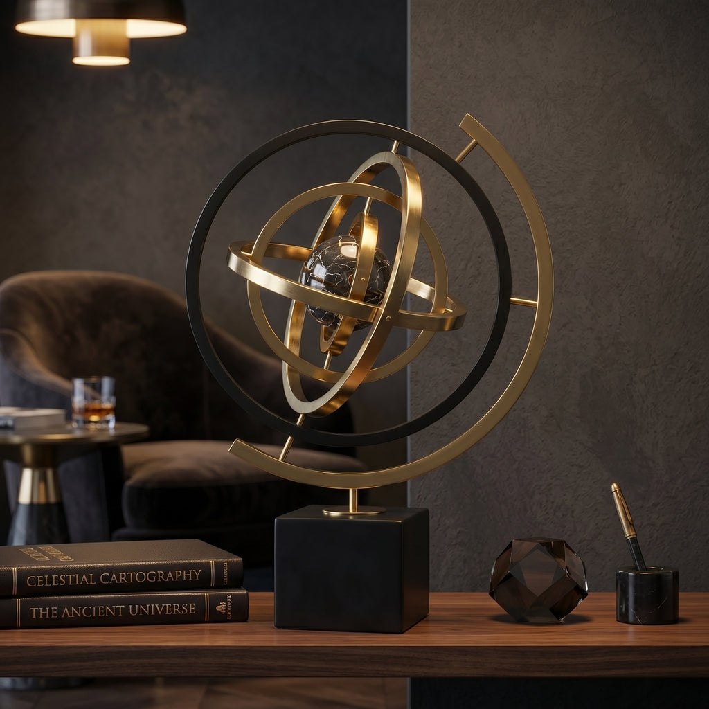 Escultura Orbital Decorativa em Metal Dourado Estilo Astronômico Contemporâneo