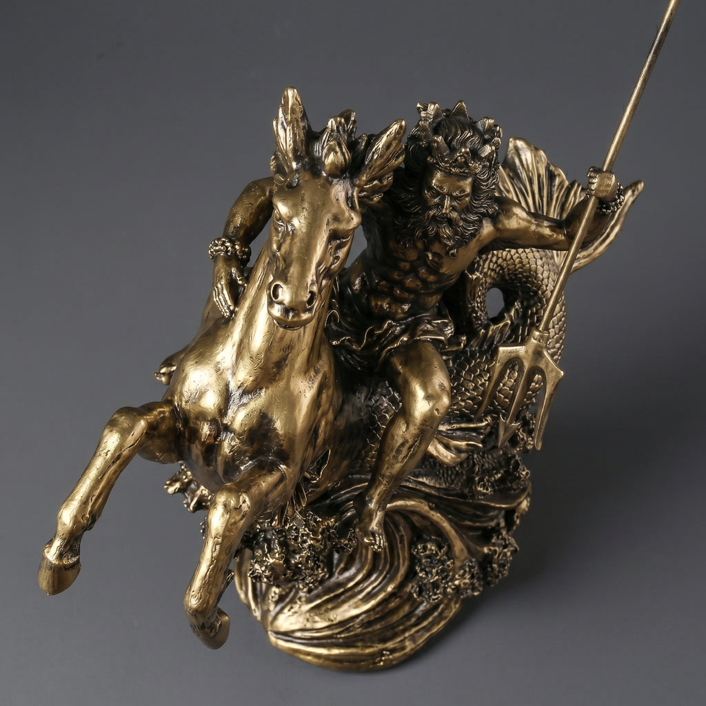 Escultura Poseidon com Cavalo Marinho em Resina Dourada Estilo Clássico Mitológico