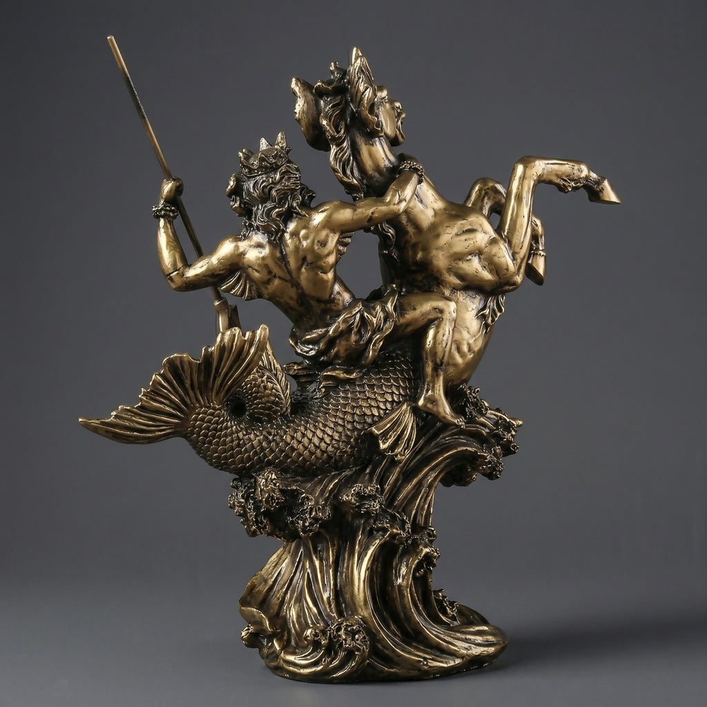 Escultura Poseidon com Cavalo Marinho em Resina Dourada Estilo Clássico Mitológico