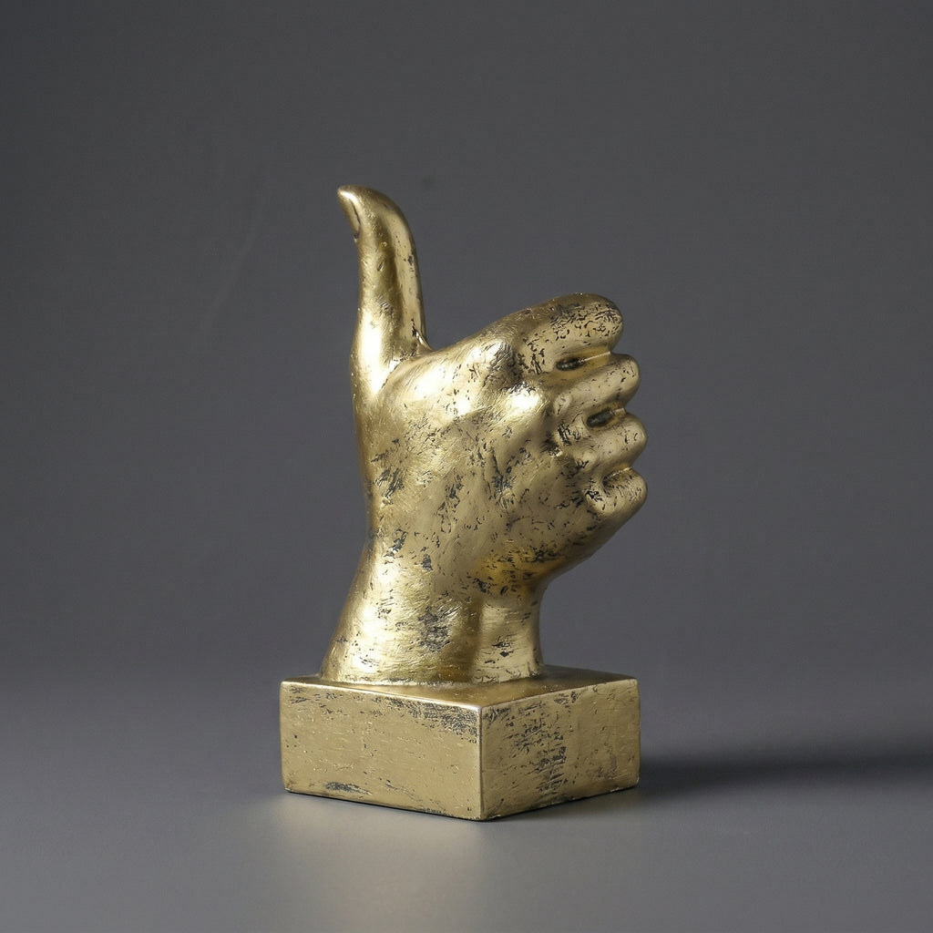 Escultura Decorativa Sinal de Aprovação Polegar Positivo Joinha em Resina Dourada para Escritório Estante Mesa e Ambientes Modernos