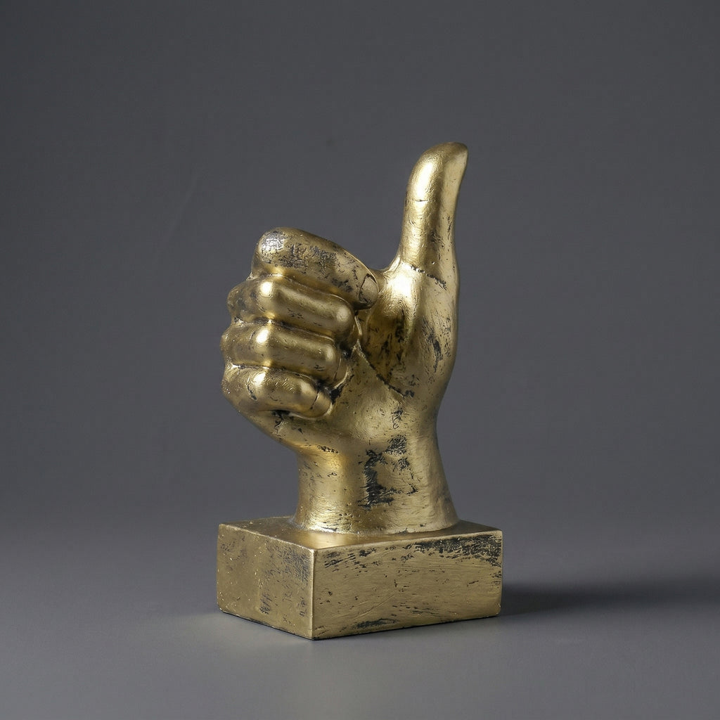 Escultura Decorativa Sinal de Aprovação Polegar Positivo Joinha em Resina Dourada para Escritório Estante Mesa e Ambientes Modernos