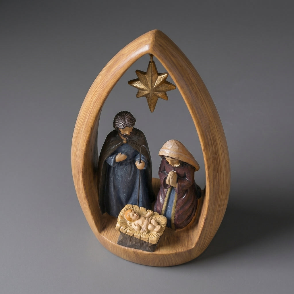 Presépio Decorativo Sagrada Família em Resina com Moldura Estilo Madeira para Mesa Sala e Decoração Religiosa