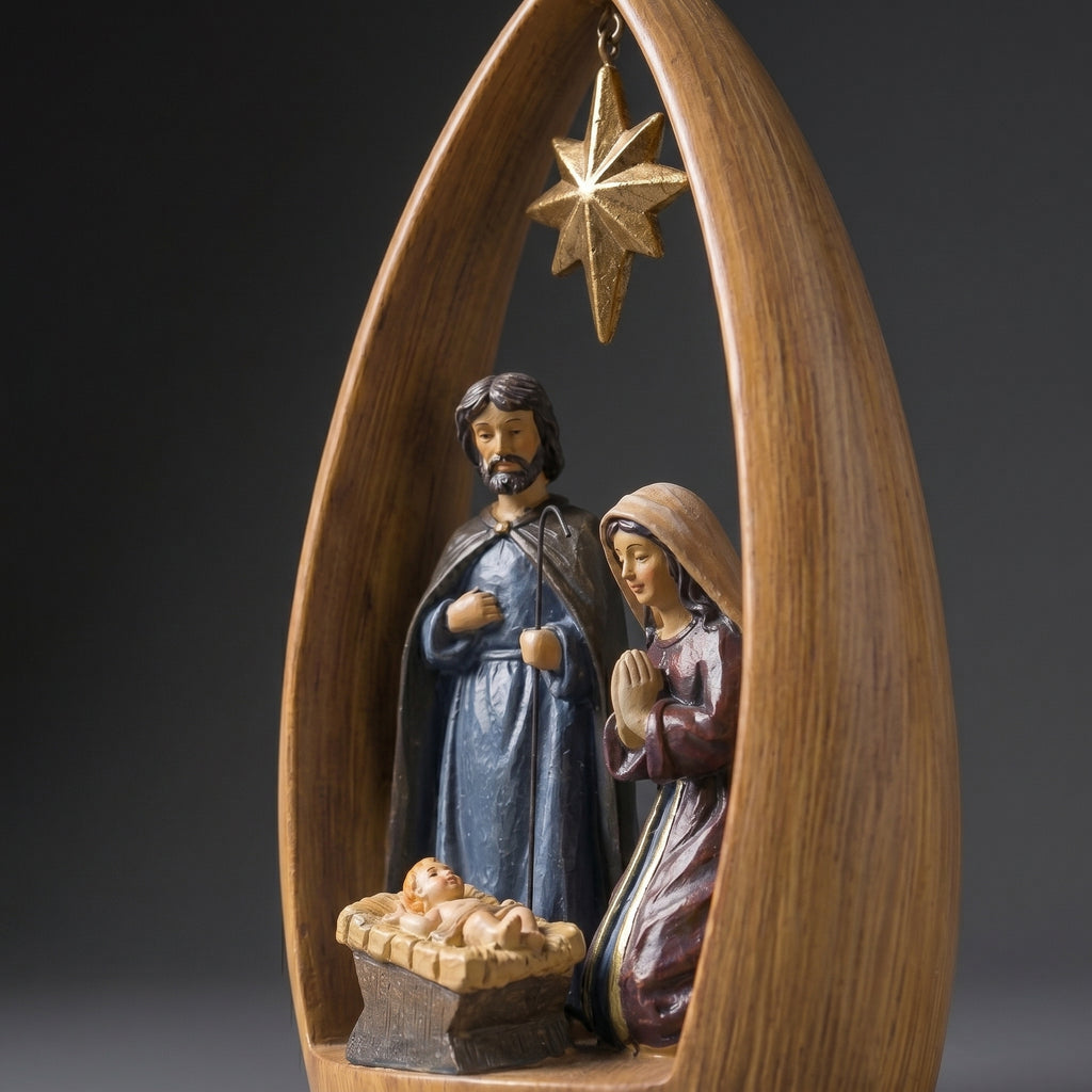 Presépio Decorativo Sagrada Família em Resina com Moldura Estilo Madeira para Mesa Sala e Decoração Religiosa