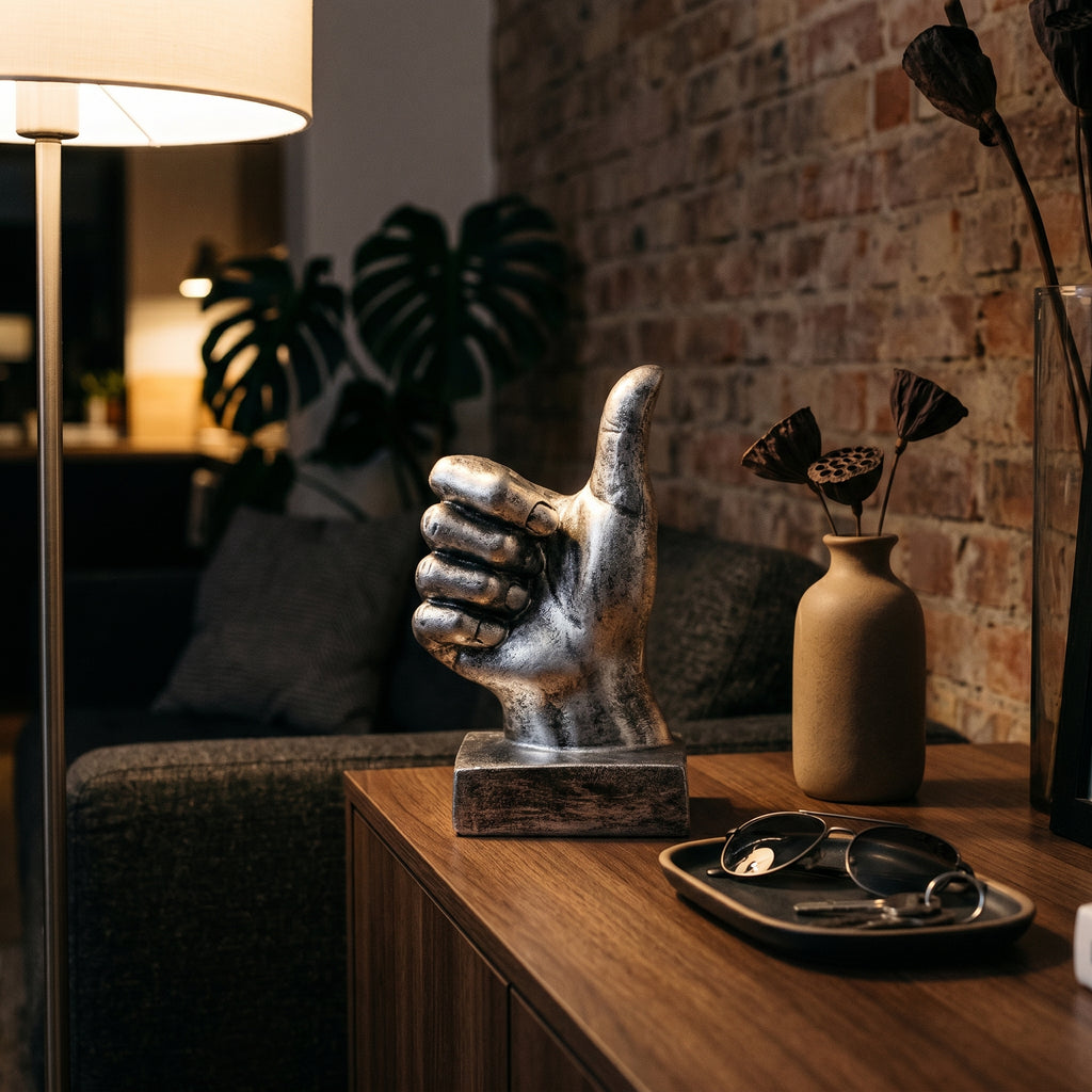 Escultura Decorativa Sinal de Aprovação Polegar Positivo Joinha em Resina Prateada para Escritório Estante Mesa e Ambientes Modernos