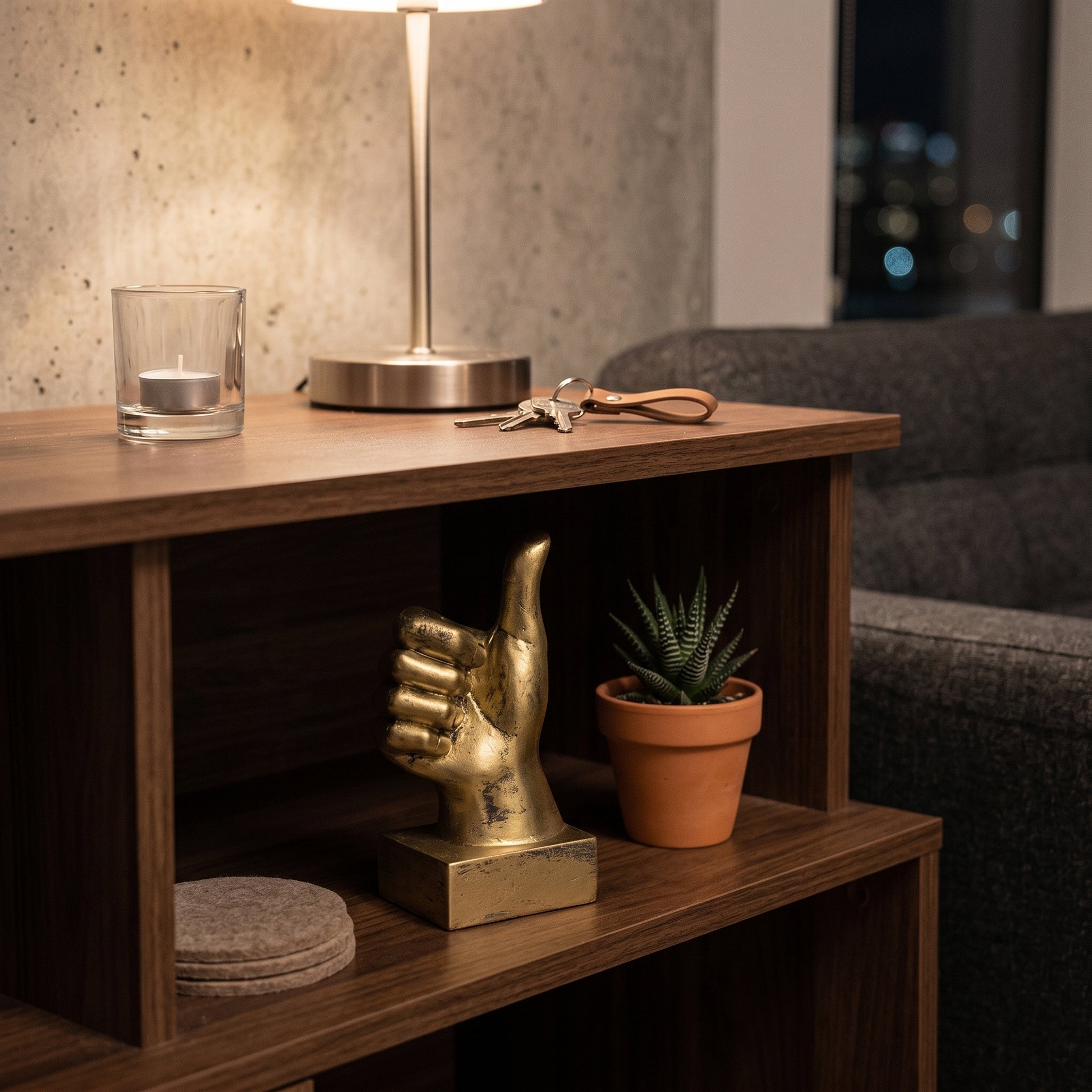 Escultura Decorativa Sinal de Aprovação Polegar Positivo Joinha em Resina Dourada para Escritório Estante Mesa e Ambientes Modernos