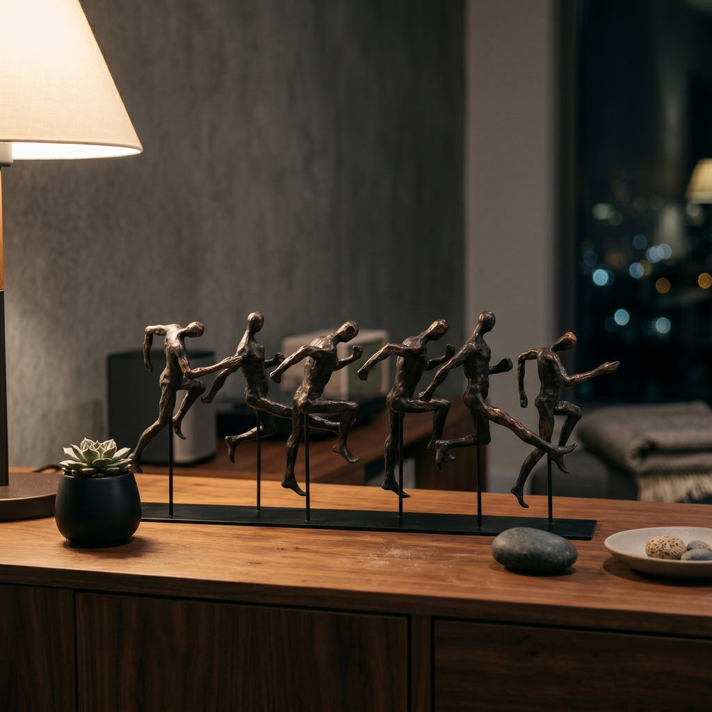 Escultura Decorativa Maratona Corredores em Movimento em Resina e Metal para Sala Escritório e Ambiente Esportivo