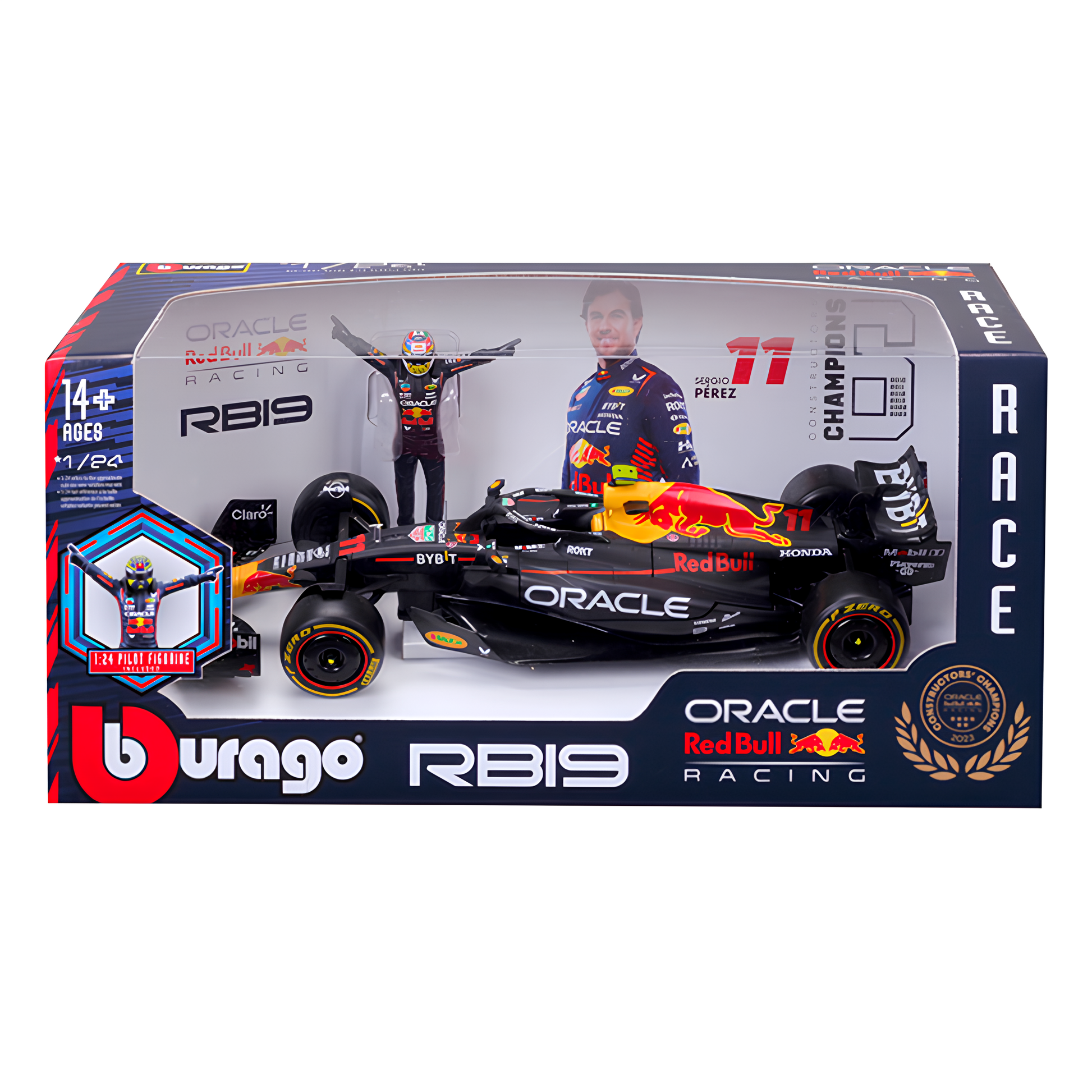 (LANÇAMENTO) Miniatura Fórmula 1 Red Bull Racing RB19 #11 Sergio Pérez 1:24 + Piloto (Campeão Construtores))