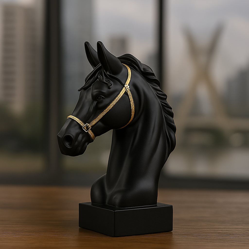 Escultura Cavalo de Guerra Resina Preto