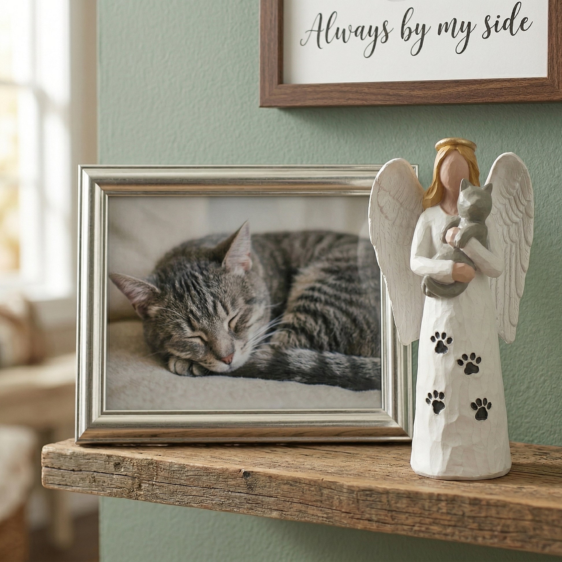 Escultura Decorativa Anjo com Gato em Resina Delicado